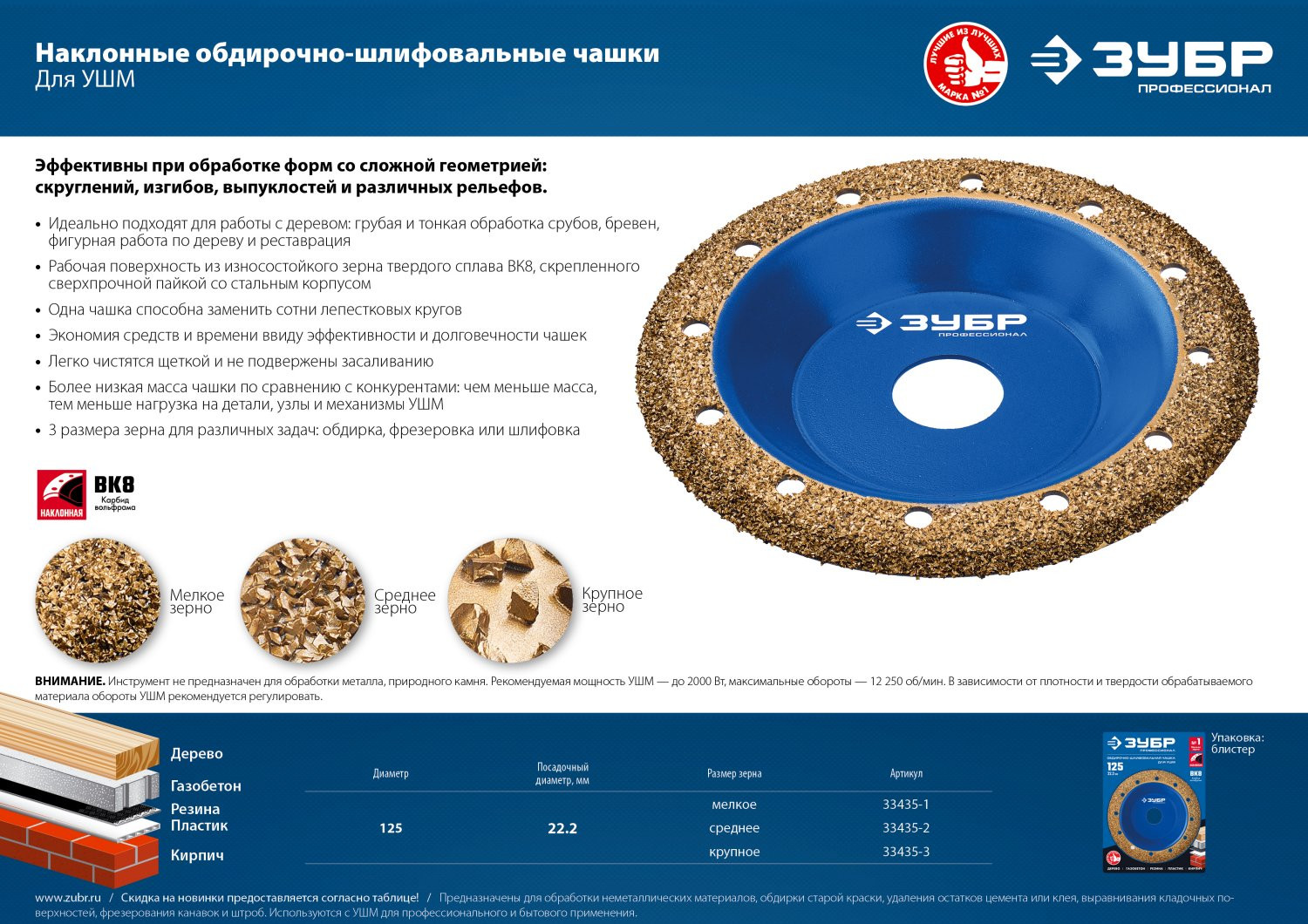 ЗУБР №1 мелкое зерно, 125 мм, ВК8, наклонная обдирочно-шлифовальная чашка, Профессионал (33435-1)