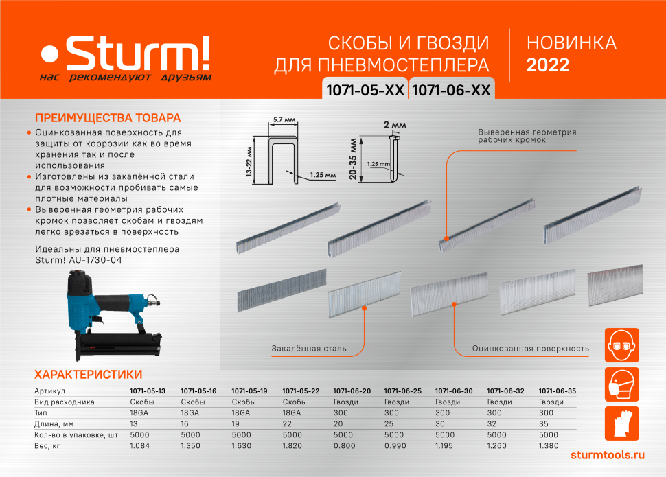 Гвозди для пневмо степлера Sturm! 1071-06-30