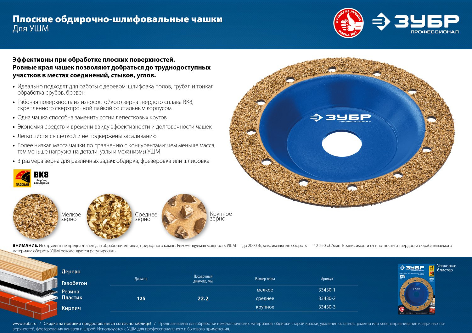 ЗУБР №1 мелкое зерно, 125 мм, ВК8, плоская обдирочно-шлифовальная чашка, Профессионал (33430-1)