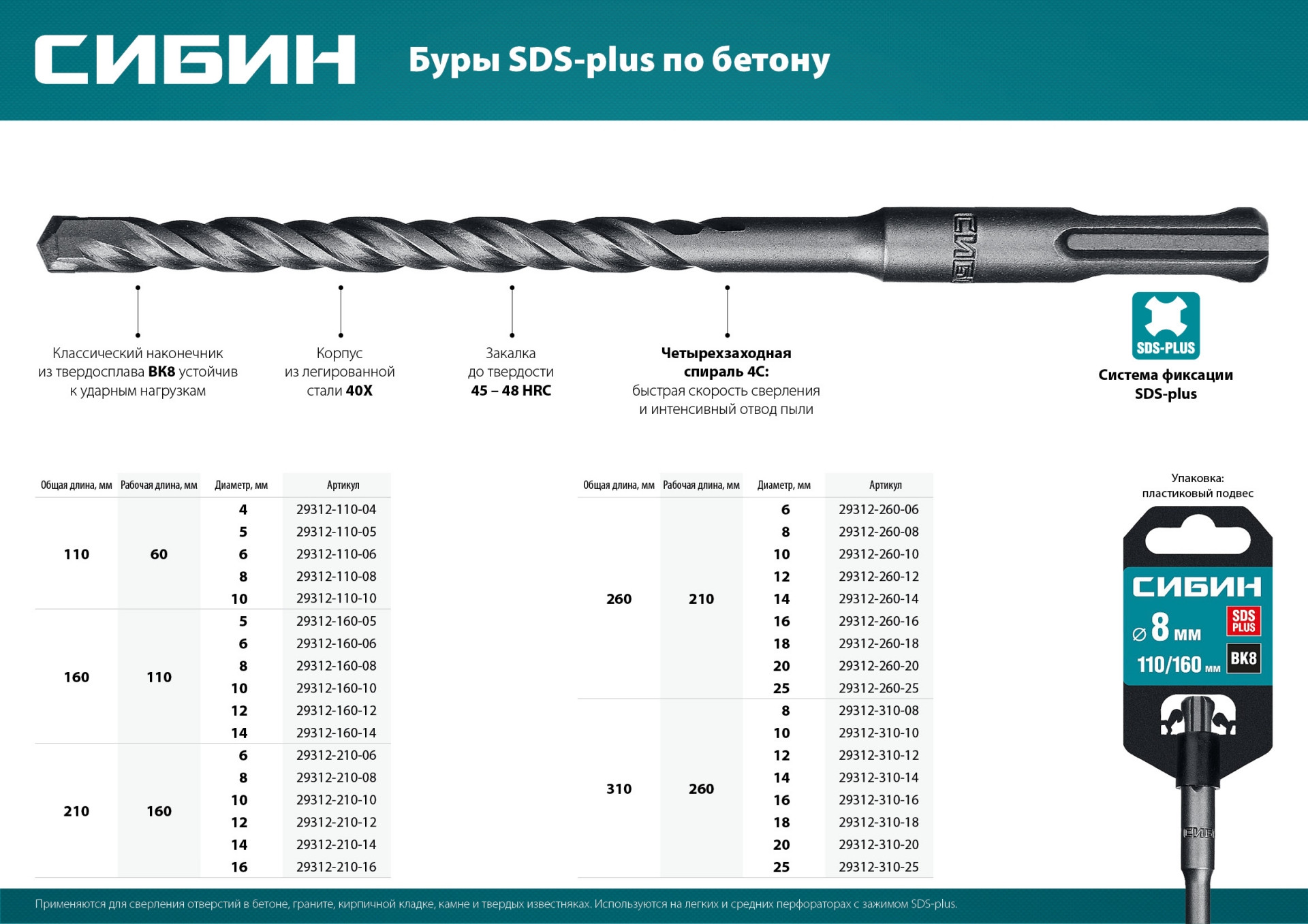 СИБИН 6 х 210 мм, SDS-plus бур (29312-210-06)
