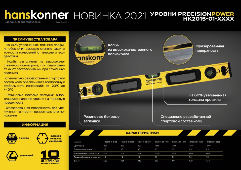 Уровень 2000 мм, фрезеров., магнитный, 3 глазка, точность 0.5мм/м, Hanskonner