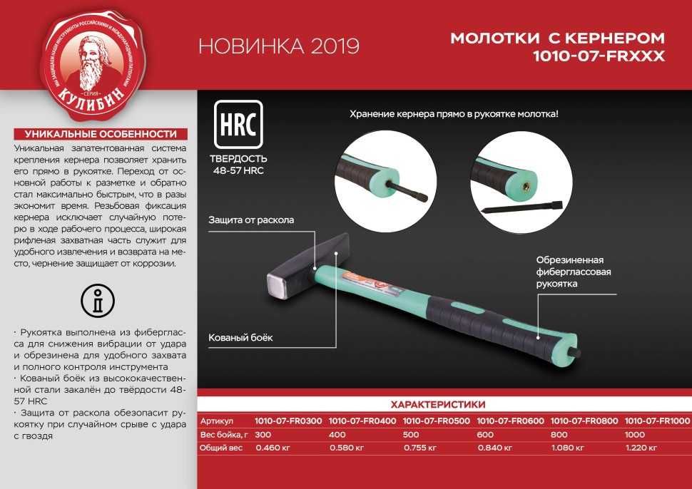 Молоток со встроенным кернером, 300г, фибергласс, серия Кулибин, Sturm!